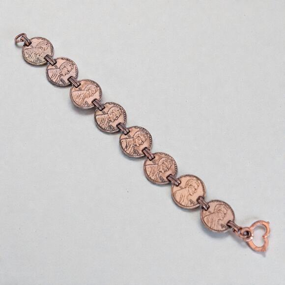 Vintage Lincoln Penny Copper Bracelet 8 Genuine Coins Memorial Oxidized 7.5" - Picture 1 of 5